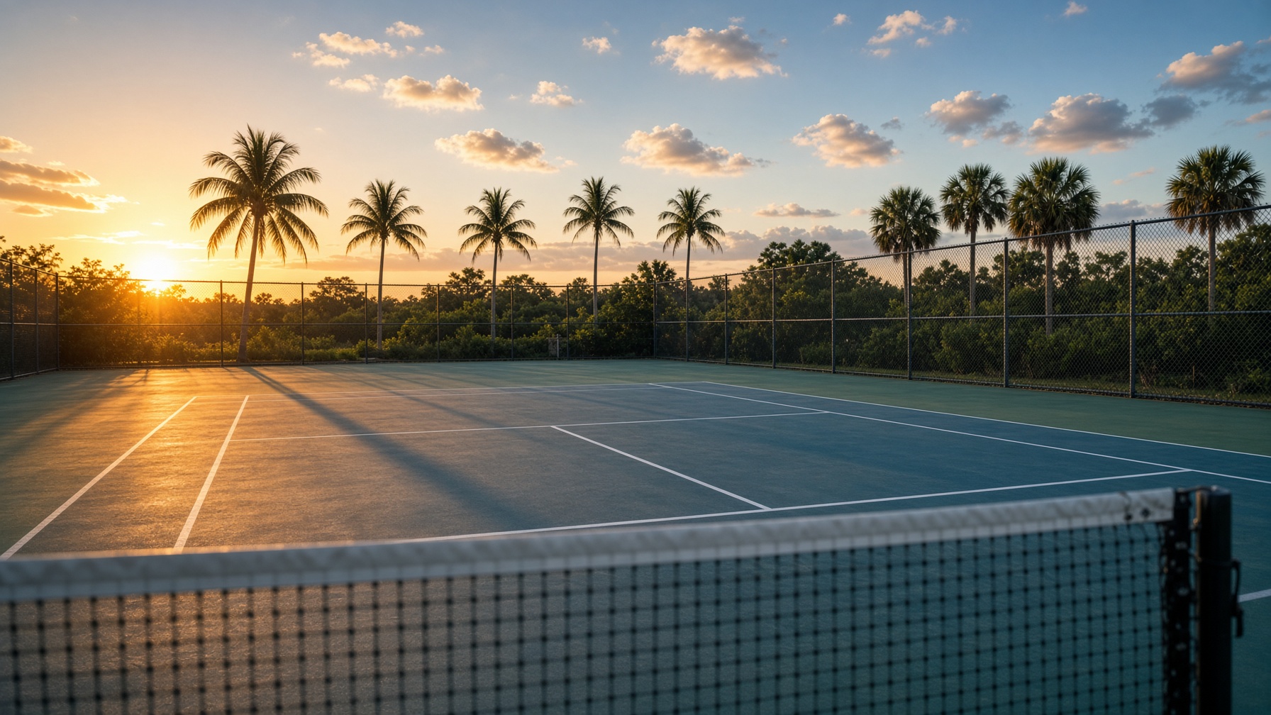 Hard tennis court at golden hour in Sarasota